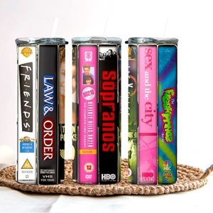 90’s tv show inspired vhs tumbler with lid and straw.